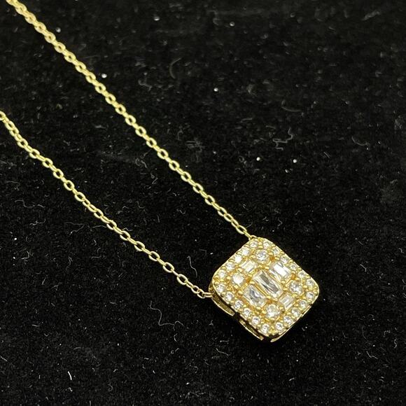Sterling Silver Gold Vermeil Necklace CZ Sparkle Cluster Rectangle Pendant - Picture 4 of 9